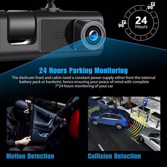 High Definition 1080P Front, Rear, and Inside Dual Lens Car Dash Cam with 24-Hour Parking Monitoring & Collision Detection - NovaShop